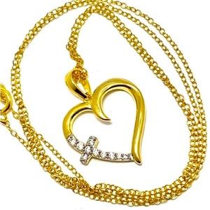 18k Cross + Heart Pendant Sterling Silver, 0.10ct Diamonique Diamond Necklace